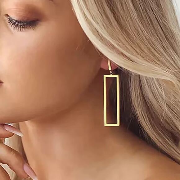SOLD Gold Rectangular Geometric Drop Dangle Earrings - Picture 1 of 7